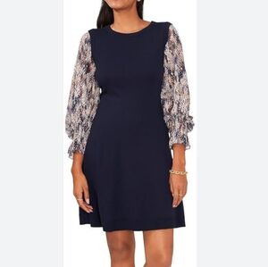 Elegant Navy knit Dress with Patterned Sleeves